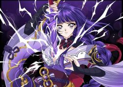 blue_hair cleavage electricity female_only genshin_impact hair_ornament hfxpins raiden_shogun sword