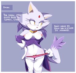 blaze_the_cat blueseamoon breasts clothed clothing domestic_cat english_text eyelashes female forehead_jewel gem hair jewel looking_aside navel nipples panties panties_down partially_clothed ponytail purple_body purple_hair pussy sonic_(series) text underwear yellow_eyes