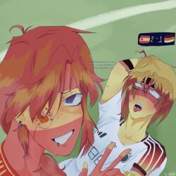 blue_eyes clothing countryhumans​ cum_in_ass cum_inside euro_2024 eyes_looking_up football germany_(countryhumans) half_naked purple_eyes red_hair red_shirt​ red_skin smiling smiling_at_viewer soccer soccer_field spain_(countryhumans) tongue_out white_shirt​ yellow_skin​