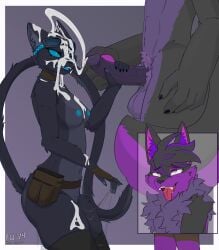 absurd_res anthro blue_body blue_eyes blue_flesh blue_fur blue_nipples blue_tongue bodily_fluids breasts canid canine choker clothing cum cum_on_breasts cum_on_ear cum_on_eye cum_on_face cum_on_goggles cum_on_leg cumshot domestic_cat dripping duo ejaculation excessive_cum excessive_genital_fluids felid feline felis female fingerless_gloves fluffy fur genital_fluids genitals gloves grey_eyes handjob handwear hi_res humanoid hybrid jewelry kneeling lagomorph large_paws leg_markings legwear looking_pleasured male male/female mammal markings masturbation multicolored_body necklace nipples orgasm_face pawpads penile penis prismatic_wolf prostitution pubes purple_body purple_penis pussy_juice_drip pussy_juice_string ra&#039;via_talis secretly_loves_it sex small_breasts socks_(marking) standing stockings tongue tool_belt unprofessional_behavior vaginal_fluids vein veiny_penis