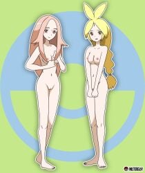 2girls accurate_art_style anthea_(pokemon) areolae barefoot breasts brown_eyes completely_naked completely_naked_female completely_nude completely_nude_female concordia_(pokemon) edit feet female female_only front_view knees looking_at_viewer naked navel nipples nude nude_filter nudefilterguy official_style pale-skinned_female pale_skin pink_hair pokemon pokemon_bw pokemon_bw2 pussy red_eyes shaved_pussy simple_background smile thighs yellow_hair
