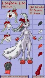 absurd_res anthro dragon_tail eeveelution english_text generation_4_pokemon genitals green_ears green_eyes hi_res horn kaonari knot leafeon leo_(leafeon) male model_sheet navel nintendo pawpads paws penis pokemon pokemon_(species) red_horn solo tail text white_body