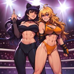 2girls ai_generated blake_belladonna cameltoe canon_couple female pokies rwby wrestling_outfit wrestling_ring yang_xiao_long