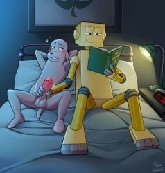 absurd_res anthro balls bed bedroom_eyes book canid canine casual_sex dog_(robot_dreams) duo erection furniture genitals handjob hi_res humanoid machine male male/male mammal narrowed_eyes nude penile penis purplevelbeth reading reading_book robot robot_dreams seductive sex tin_(robot_dreams)