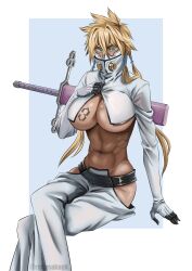 1girls abs arrancar bare_midriff big_breasts bleach blonde_hair blue_background breasts busty covered_face crop_top dark-skinned_female dark_skin espada face_covered female female_only hourglass_figure navel rakusakugk sitting solo tagme tattoo tia_harribel toned toned_female underboob wide_hips zipper