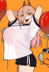 balloon black_shorts chainsaw_man fake_breasts horns pink_hair pochita_(chainsaw_man) power_(chainsaw_man) red_horns simple_background white_shirt yellow_eyes