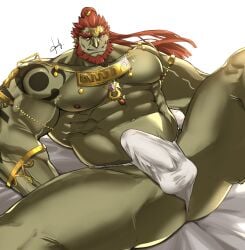 balls bara beard boner bulge erection erection_under_clothes facial_hair fundoshi fundoshi_only ganondorf ganondorf_(tears_of_the_kingdom) gerudo green_body green_skin male male_only muscles muscular nintendo nongnakk penis red_hair solo solo_male spread_legs tears_of_the_kingdom the_legend_of_zelda