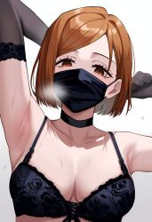 1girls ai_generated arm_gloves armpit_fetish armpit_focus armpit_peek armpits arms_behind_head arms_up big_breasts boobs bra cleavage facemask female female_only ginger_hair human jujutsu_kaisen kugisaki_nobara masked_female solo steaming_body steamy steamy_armpits sweat sweaty sweaty_armpits sweaty_body