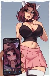 1boy 1girls alyssa_bandicoot_(oc) big_ass big_breasts black_topwear blowjob female lipstick_mark magaska19 male oc phone_view