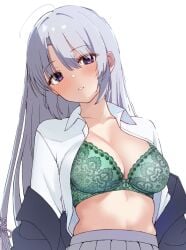 1girl 1girls ahoge ayachi_nene blush bra breasts breasts_out cleavage collarbone collared_shirt commentary eyes_visible_through_hair female green_bra grey_hair grey_skirt hair_between_eyes hair_ribbon head_tilt highres lace lace-trimmed_bra lace_trim large_breasts lingerie long_hair looking_at_viewer open_clothes open_shirt parted_lips pink_ribbon pleated_skirt purple_eyes ribbon sanoba_witch school_uniform seductive seductive_eyes seductive_look shirt sidelocks simple_background skirt solo straight_hair tft_(tft7822) tsurime underwear undressing upper_body very_long_hair white_background white_shirt