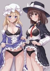 2girls absurdres ass_visible_through_thighs between_breasts black_bra black_capelet black_hat black_panties black_skirt blonde_hair blush bow bra breasts brown_eyes brown_hair capelet closed_mouth clothes_lift commentary_request cowboy_shot dress eyelashes floral_print frilled_dress frilled_skirt frills grey_background hair_between_eyes hairbow hat hat_bow highres lifting_own_clothes lingerie long_hair long_sleeves looking_at_viewer maribel_hearn medium_breasts medium_hair mob_cap multiple_girls necktie necktie_between_breasts paid_reward_available panties purple_dress purple_eyes raised_eyebrows ramie_(ramie541) red_necktie revision ribbon-trimmed_capelet ribbon-trimmed_dress ribbon-trimmed_skirt ribbon_trim shirt shy simple_background skirt skirt_lift split_mouth straight_hair thighs touhou tsurime underwear usami_renko white_bow white_hat white_shirt