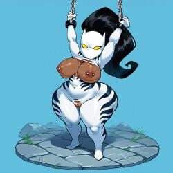 ai_generated ava_ayala belly big_breasts big_butt bodysuit brax_(artist) chained chains chibi clothed dark_skin marvel marvel_comics mask masked pierced_nipples piercing pussy ripped_bodysuit ripped_clothing shorts thick_thighs trapped white_tiger_(marvel) wide_hips