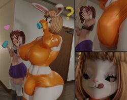 1boy 1futa 3d ? abs artist_request big_ass big_bulge bigger_female blender_(software) blender_cycles boots bulge bunny_ears can carrot_(one_piece) clothed crossdressing drinking eyelashes femboy furry futa_is_bigger futa_with_femboy futa_with_male futanari hairbow hand_over_mouth heart hiro_(tales_of_androgyny) hyper_bulge indoors licking_lips looking_at_penis love_heart male mature_female mesmerized nailpolish one_piece orange_clothing otoko_no_ko panels peach_hair penis_awe red_nail_polish red_nails seductive skirt tales_of_androgyny tall_female thick_thighs thighhighs tummy twintails white_socks white_thighhighs