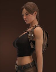 1girls 3d athletic athletic_female backpack bag bare_midriff big_breasts braid breasts brown_hair busty call_of_duty clothing emberstock erect_nipples female female_only hourglass_figure human lara_croft lara_croft_(cod) looking_at_viewer navel necklace nipple_bulge nipple_piercing pale_skin pierced_nipples piercing short_shorts shorts sideboob solo tank_top tomb_raider wide_hips