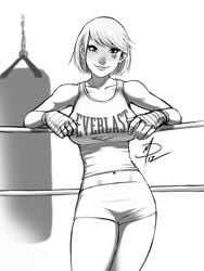 breasts daniel_macgregor female hair heart large_breasts monochrome polarityplus punching_bag short_hair short_shorts smile tattoo wrestler wrestling_ring