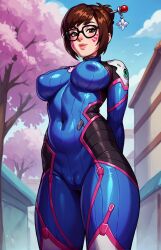 ai_generated arms_behind_back bangs blue_sky bodysuit breasts brown_eyes brown_hair cameltoe cherry_blossoms cloud covered_navel covered_nipples d.va_(cosplay) female glasses hair_bun hair_ornament hair_stick large_breasts lips looking_at_viewer mei_(overwatch) outdoors overwatch overwatch_2 short_hair skin_tight solo standing swept_bangs thighs tree