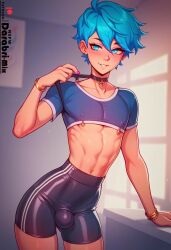 1boy abstract_background ai_generated blue_hair blush bulge cute darabri-mix femboy feminine_male gay girly logo medium_hair otoko_no_ko pale_skin patreon patreon_logo penis_bulge smile trap yaoi