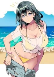 1girls alternate_costume armpits bare_arms bare_midriff bare_shoulders bare_thighs beach bikini blue_eyes breasts byleth_(fire_emblem) byleth_(fire_emblem)_(female) caught cleavage collarbone fe135700 female female_only fire_emblem fire_emblem:_three_houses hair_between_eyes large_breasts long_hair looking_at_viewer midriff nintendo ocean outdoors sand see-through see-through_shirt shirt shorts shoulders sideboob solo swimsuit teal_hair thighs undressing yellow_bikini yellow_swimsuit
