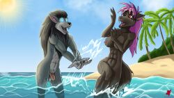 abs anthro athletic beach blizzard_entertainment breasts callow_(amocin) canid duo female genitals harkrun hi_res male male/female mammal nipples nude palm_tree penis plant sea sicha_(amocin) splashing_water tree warcraft water were werecanid worgen