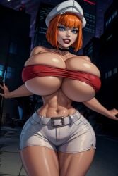 1girls ai_generated barely_contained_breasts batman_beyond big_breasts blue_eyes busty bythebrokenone clown_girl dc dc_comics dee_dees female_only gigantic_breasts hourglass_figure huge_breasts hyper_hourglass narrow_waist shorts solo solo_female tagme toned_stomach top_heavy villainess