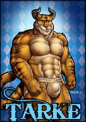 abs anthro atomicboyx biceps bovine bulge cattle feline furry green_eyes horn hybrid japanese jockstrap male male_only muscles pecs smile solo tarke text tiger tigerbull underwear werelion2003