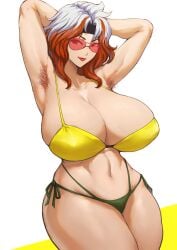 1girls anna_marie armpit_hair armpits arms_up batako bikini breasts_bigger_than_head female female_only headband marvel marvel_comics pubic_hair_peek red-tinted_eyewear red_hair rogue_(x-men) solo sunglasses swimsuit tagme tinted_eyewear two_tone_hair white_hair white_streak x-men