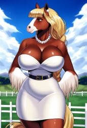 ai_generated anthro_only blonde_female blonde_hair brown_eyes brown_hair cleavage cleavage_overflow clydesdale dress dressed ear_piercing earrings furry furry_female furry_only hands_behind_back horse horse_girl large_breasts looking_to_the_side majorfluffy narrow_waist novelai pearl_earrings pearl_necklace tagme two_tone_body two_tone_fur waist_belt white_dress