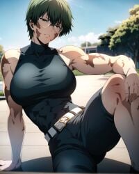 abs ai_generated athletic_female big_breasts black_clothing dark_hair fit_female glasses huge_breasts jujutsu_kaisen muscular_arms scars_all_over seductive_look short_hair_female slim_waist smirking strong_woman thick_thighs tight_clothing tomboy wide_hips zenin_maki
