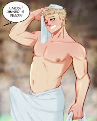 blonde_hair dad_bod dungeon_meshi golden_eyes hard_on laios_touden male male_only steamy towel_only