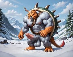 1boy abs ai_generated anthro balls bara big_balls big_muscles big_nipples big_pecs big_penis booster_rex daddy digimon digimon_(species) dilf erection gay grey_body horn huge_balls huge_cock huge_muscles huge_nipples huge_pecs hunk male male_only multicolored_body muscular muscular_anthro muscular_male navel nipples nude orange_body pecs penis solo spiked_shell tusks walrus zudomon