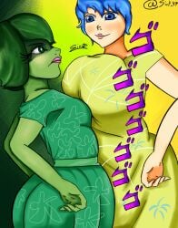 2girls big_breasts blue_eyes blue_hair breast_press breasts disgust_(inside_out) disney dress duo duo_female duo_focus green_body green_hair green_skin inside_out inside_out_2 jojo_reference joy_(inside_out) lipstick looking_each_other multiple_girls pixar short_hair short_hair_female sirf_47 staring tagme yellow_body yellow_skin