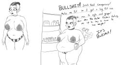 1girls areolae b-mage belly big_belly big_breasts breasts dialogue fat female female_focus foamy germaine_endez kitchen neurotically_yours nipples obese overweight overweight_female panties piercing piercings punk refrigerator short_hair solo_focus squirrel text weight_gain