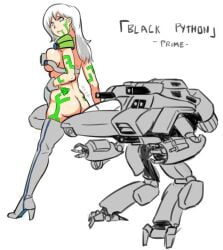 2017 ass battlemech battletech black_python_(battlemech) breast_squish buttpants clan_(battletech) face_tattoo gloves green_markings high_heel_boots inkeranon mech mechwarrior no_panties pinup rear_view signature sketch solo_female tagme tattoo thigh_highs white_background white_hair