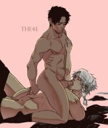 2boys black_hair black_hair_bottom blowjob chihiro_rokuhira color domination gay grabbing_chest hakuri_sazanami kagurabachi light_hair_on_dark_hair male_only no_penetration nude_male passionate_sex the4e white_hair white_hair_male white_hair_on_black_hair white_hair_top yaoi