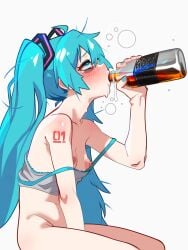 1girls blush drunk hatsune_miku jack_daniel's light_green_hair pale-skinned_female pale_skin project_sekai rolling_eyes slurp_(artist) small_breasts twintails vocaloid whiskey