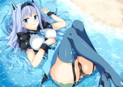 1girls beach blue_eyes blue_thighhighs bracelet commentary_request dodonpachi dodonpachi_saidaioujou dress female female_only garter_straps hair_ornament imuraya_ayuka jewelry legs_up long_hair maid_headdress maria_(saidaioujou) outdoors panties pantyshot partially_submerged photoshop_(medium) purple_hair skirt solo thighhighs underwear water