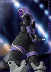 alien_girl ass breasts commissioner_upload fully_clothed helmet hood jesterdk looking_back mask mass_effect quarian sideboob skintight_bodysuit solo tali'zorah_nar_rayya text thick_ass thick_thighs