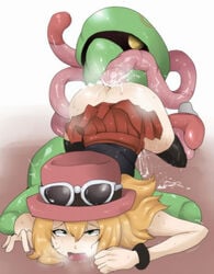 5_fingers ass ass_up blonde_hair boy_(artist) clothed clothing cradily cum cum_inside cum_on_ass drooling eyelashes eyewear female feral glasses green_eyes hair half-dressed hat headgear hi_res human interspecies long_hair looking_up lying male nintendo on_front penetration plain_background pokemon pokemon_xy pokephilia saliva serena_(pokemon) sex shadow shiny skirt straight sweat teeth tentacle video_games white_background wristband yellow_eyes