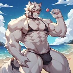 1boy ai_generated anthro bara barely_clothed beach bikini bulge dog_ears furry gay lollipop looking_at_viewer male male_focus male_in_bikini male_only male_solo micro_bikini muscles muscular muscular_male revealing_clothes sinchilee snout solo tagme von_lycaon yaoi zenless_zone_zero