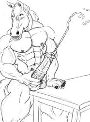 abs anatomically_correct anthro balls biceps big_penis clenched_teeth cum cumshot equine furry horse horsecock male male_only masturbation muscles orgasm pecs penis solo sudonym table vein