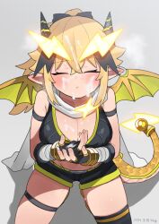 after_fellatio black_gloves black_thighhighs blonde_hair breasts closed_eyes crossed_bangs cum cum_on_body cum_on_breasts cum_on_hair cum_on_hands dragon_girl dragon_horns dragon_tail dragon_wings facial female fingerless_gloves gloves hair_between_eyes hair_ornament highres horns itoriyo kneeling large_breasts lightning_bolt_hair_ornament lightning_bolt_symbol original pointy_ears raisei_no_ryu_tsukai san-chan scarf short_shorts shorts simple_background single_thighhigh sports_bra tail thighhighs white_background wings