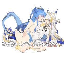 1futa 1girls arknights blonde_hair blue_eyes blue_hair bottomless breasts clothed clothed_female_nude_female clothing colored_extremities commission completely_nude cute_fangs detached_sleeves dragon_girl dragon_tail duo eastern_dragon_horns fangs female full_body fur-tipped_tail futa_on_female futa_with_female futanari handjob handprint highres humanoid incest intertwined_tails kneeling large_breasts light-skinned_female light-skinned_futanari light_skin ling_(arknights) long_hair looking_at_another mostly_clothed multicolored_hair nude one_eye_closed open_mouth partially_clothed penis pointy_ears shu_(arknights) siblings simple_background sisters spank_marks streaked_hair tail very_long_hair white_background white_hair zocehuy