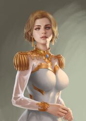 2021 battletech big_breasts blonde_hair blue_eyes clothed_female female gold_trim house_steiner melissa_steiner_(3010) portrait princess royalty tagme translucent_clothing white_dress