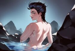 ai_generated ass black_hair completely_nude_female dripping_wet lilith_(megami_tensei) looking_at_viewer medium_breasts megami_tensei nude_female partially_submerged red_lipstick rocks shin_megami_tensei shin_megami_tensei_i short_hair upper_body_focus water wet_hair yuriko_(shin_megami_tensei)