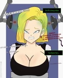 android_18 angry blonde_hair blue_eyes brain_drain brain_pop brainwashing brainwashing_machine breasts comic dialogue dragon_ball dragon_ball_z english_text mid-transformation mind_break mind_control mind_hack restrained salazaru tech_control text transformation