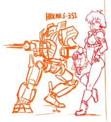 2016 battlemech battletech buttpants helmet hermes_(battlemech) inkeranon leotard mech mechwarrior pinup signature sketch solo_female tagme tight_clothing white_background