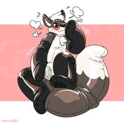 animate_inanimate anthro black_body brown_body canid canine chest_tuft fox hair hand_on_crotch hi_res inflatable living_inflatable lock_bulge lock_symbol male mammal motion_lines nennsen null null_bulge null_masturbation null_stimulation pink_background simple_background solo squirming tuft white_background white_body white_hair