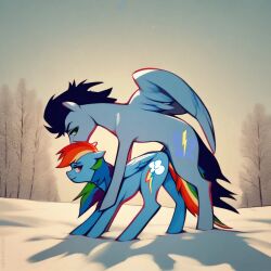 ai_generated breeding doggy_style equine my_little_pony outdoor_sex outdoors pony rainbow_dash_(mlp) snow soarin_(mlp) tree