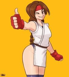 1girls bandana belt big_ass big_breasts big_butt braid braided_ponytail brown_eyes brown_hair clothed female gloves jeffmiga karate_gi king_of_fighters light_skin light_skinned_female long_hair no_pants smiling thumbs_up yuri_sakazaki