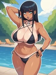 1girls ai_generated bangs bikini bikini_swimsuit black_bikini black_bikini_only black_hair black_lipstick black_makeup blush blush_lines breasts chairs chocker cleavage collar dark-skinned_female dark_makeup dark_skin ear_piercing female female_focus female_only girl goth goth_girl gothic green_eyes huge_boobs huge_breasts jorgecarlosai long_hair makeup nature navel open_mouth pierced_ears piercing piercings pool pool_chair pool_party poolside side_tie_bikini side_tie_bikini_bottom side_tie_panties skull spiked_bracelet spikes stacked stacked_lady swimsuit swimsuits tanline tanlines tanned tanned_body tanned_female tanned_girl tanned_skin teeth toned toned_female tongue water watermark